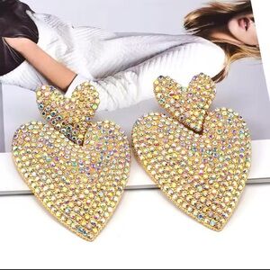 Glam Rhinestone Heart Drop Earrings | Statement Gold-Tone Dangle